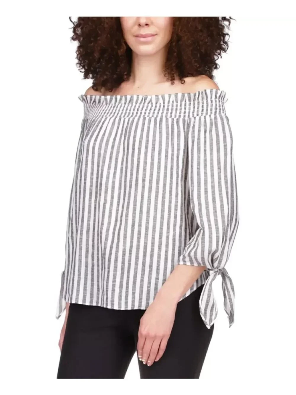 Michael Kors Striped Off-the-Shoulder Top Linen Shirt Ivory Gray Size M $98
